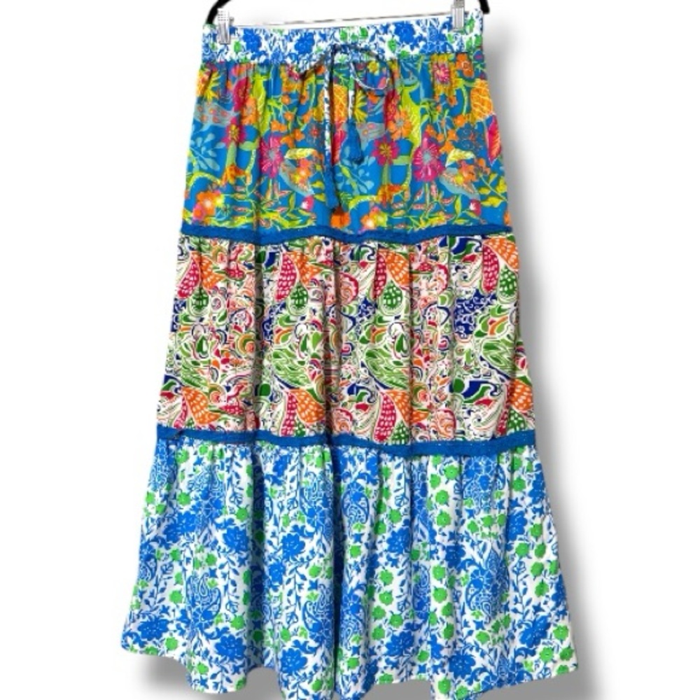 Zoey & Leelo women’s large pull on elastic waist multi pattern colorful skirt